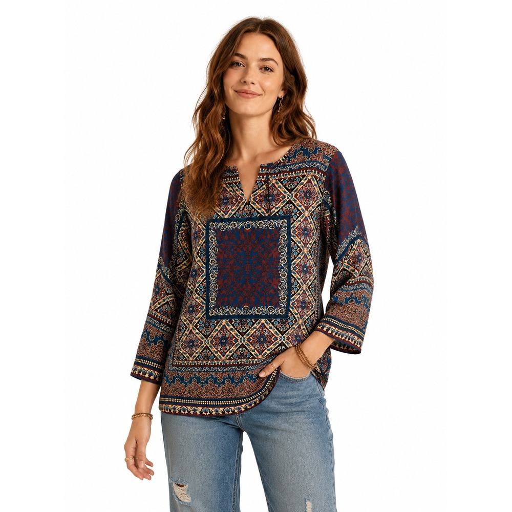 New Violet + Claire Blouse Large Boho Geometric Floral 3/4‎ Sleeve Festival